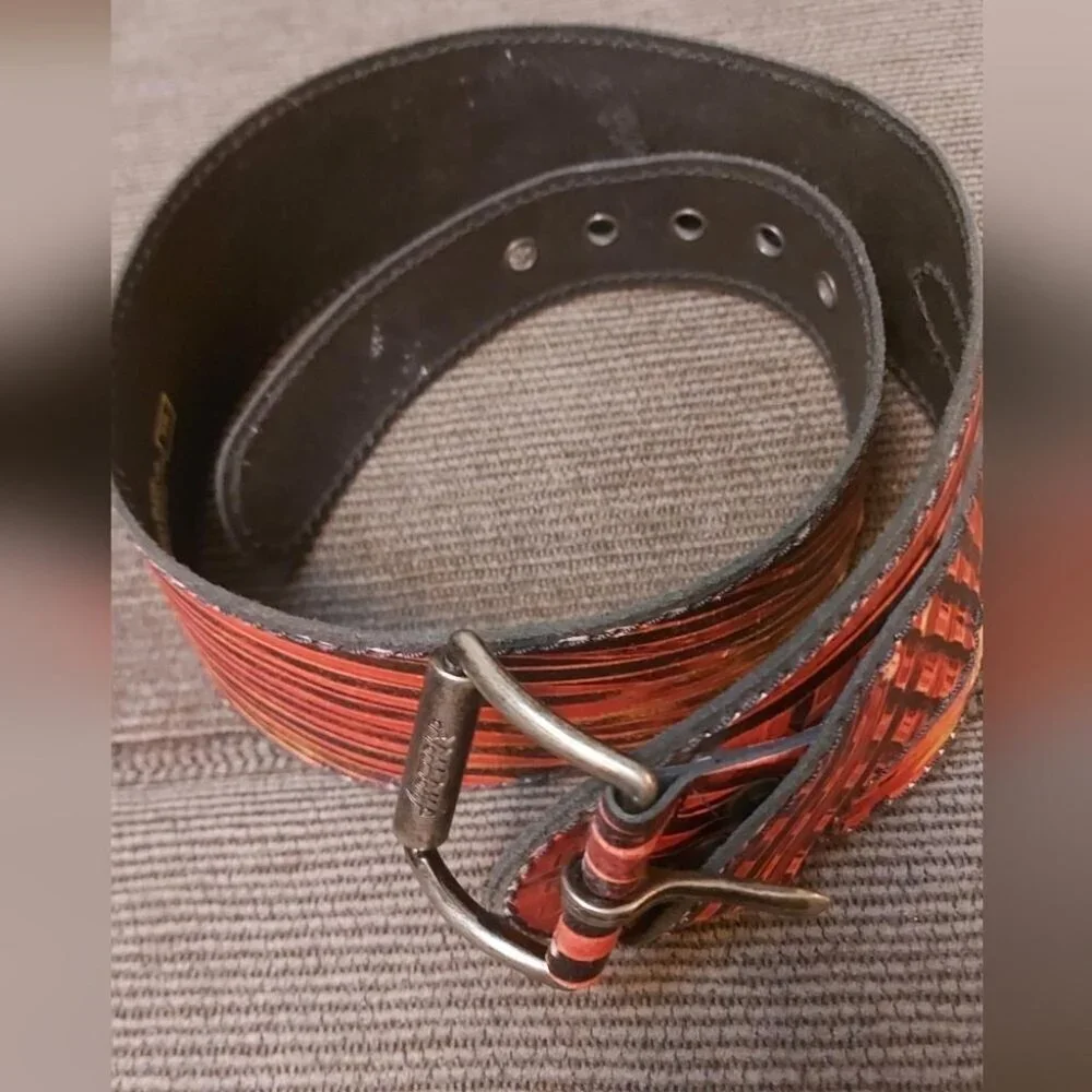 Red Black Wide Leather Waist Belt Size S 30 Vintage Statement Cincher - Picture 8 of 13